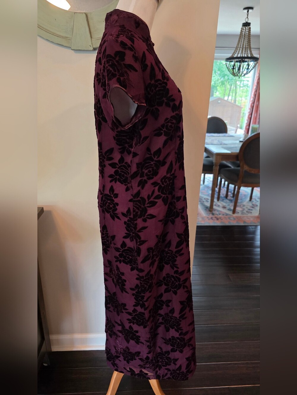 Robbie Bee Vintage Size 10 Velvet Burnout Asian Inspired Maxi Dress Burgundy - Picture 6 of 12